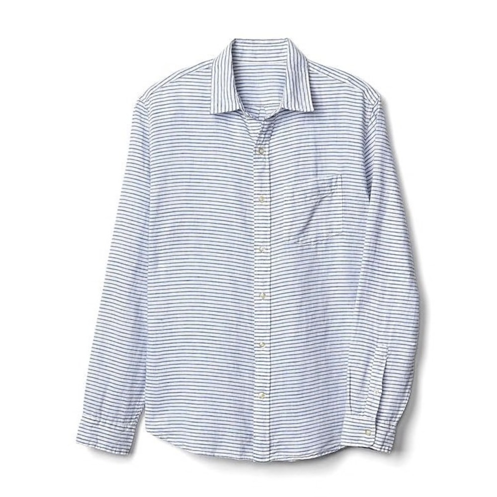 Gap Standard Fit Button‎ Down Mens Size M Blue White Striped Linen Cotton Shirt